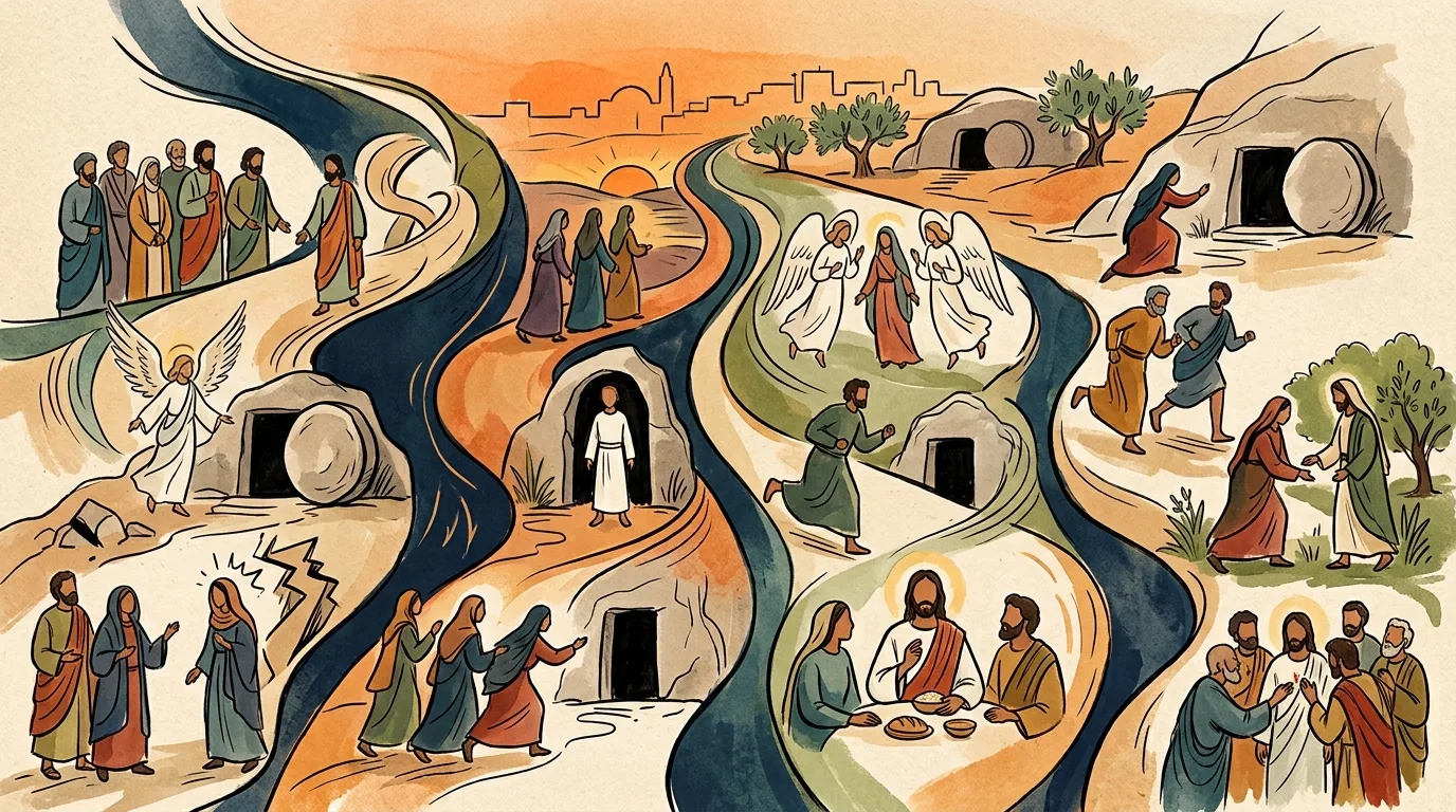 Watercolor of the Easter scenes laid out along separate winding paths: women walking to open tombs, angels at the graves, disciples running, Mary Magdalene meeting Jesus in a garden, and a meal at Emmaus