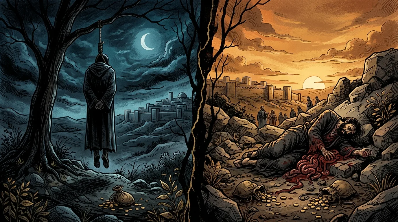 A split illustration: on the left, a hooded figure hangs from a tree under a crescent moon above spilled silver; on the right, at sunset below the walls of Jerusalem, a man lies burst open among rocks and scattered coins