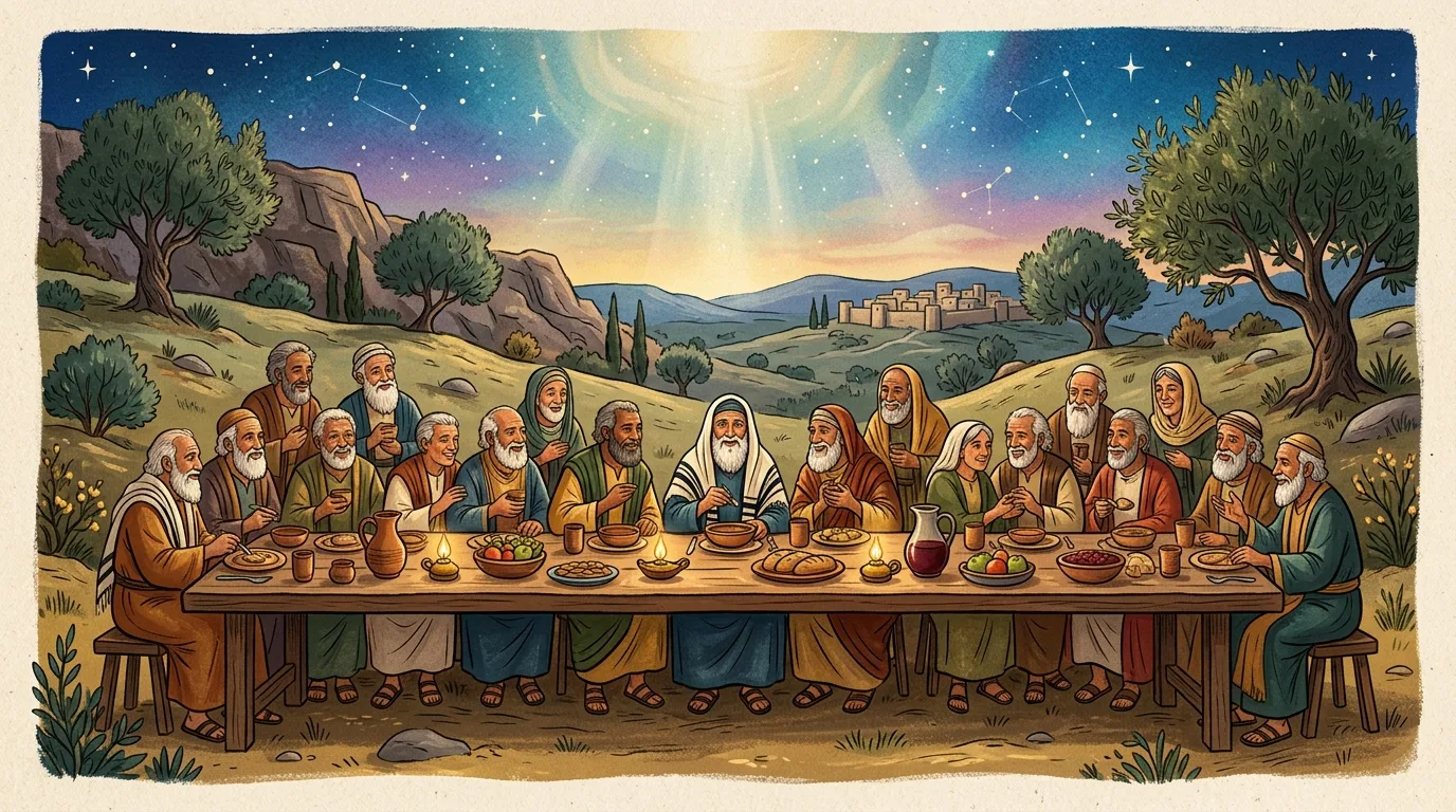 Bearded elders in colorful robes and prayer shawls share bread, fruit, and wine at a long wooden table on a hillside, beneath a starry sky split by a pale shaft of divine light