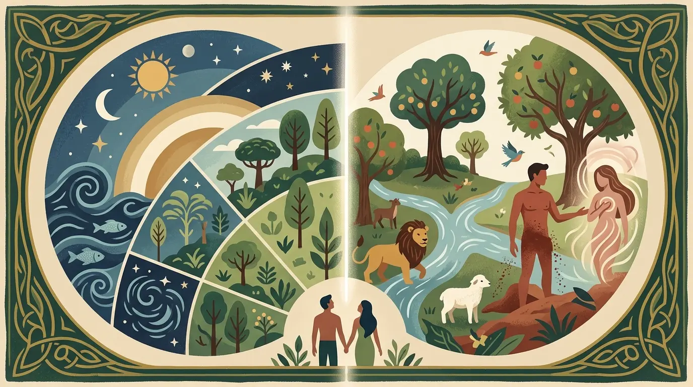 Two open manuscript pages side by side, one showing the six days of creation and the other showing the Garden of Eden