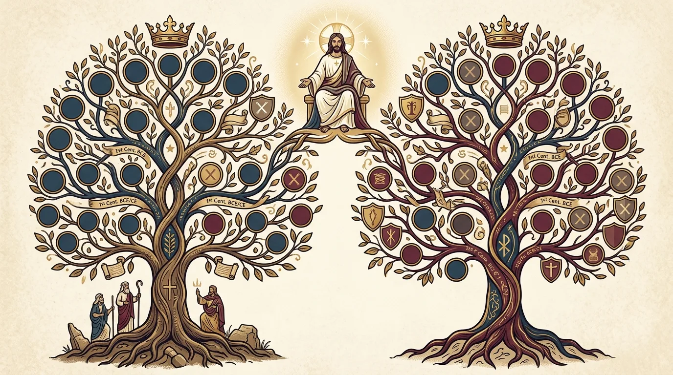 Two crowned family trees with mismatched blue and crimson medallions, their upper branches reaching toward an enthroned Jesus between them