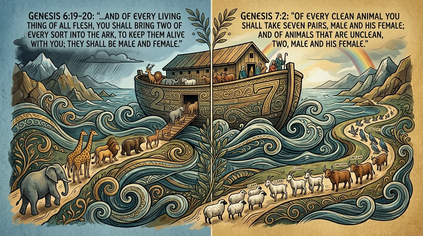 Animals crowding up the ramp of a wooden ark beneath a darkening sky, some in pairs and some in larger groups.