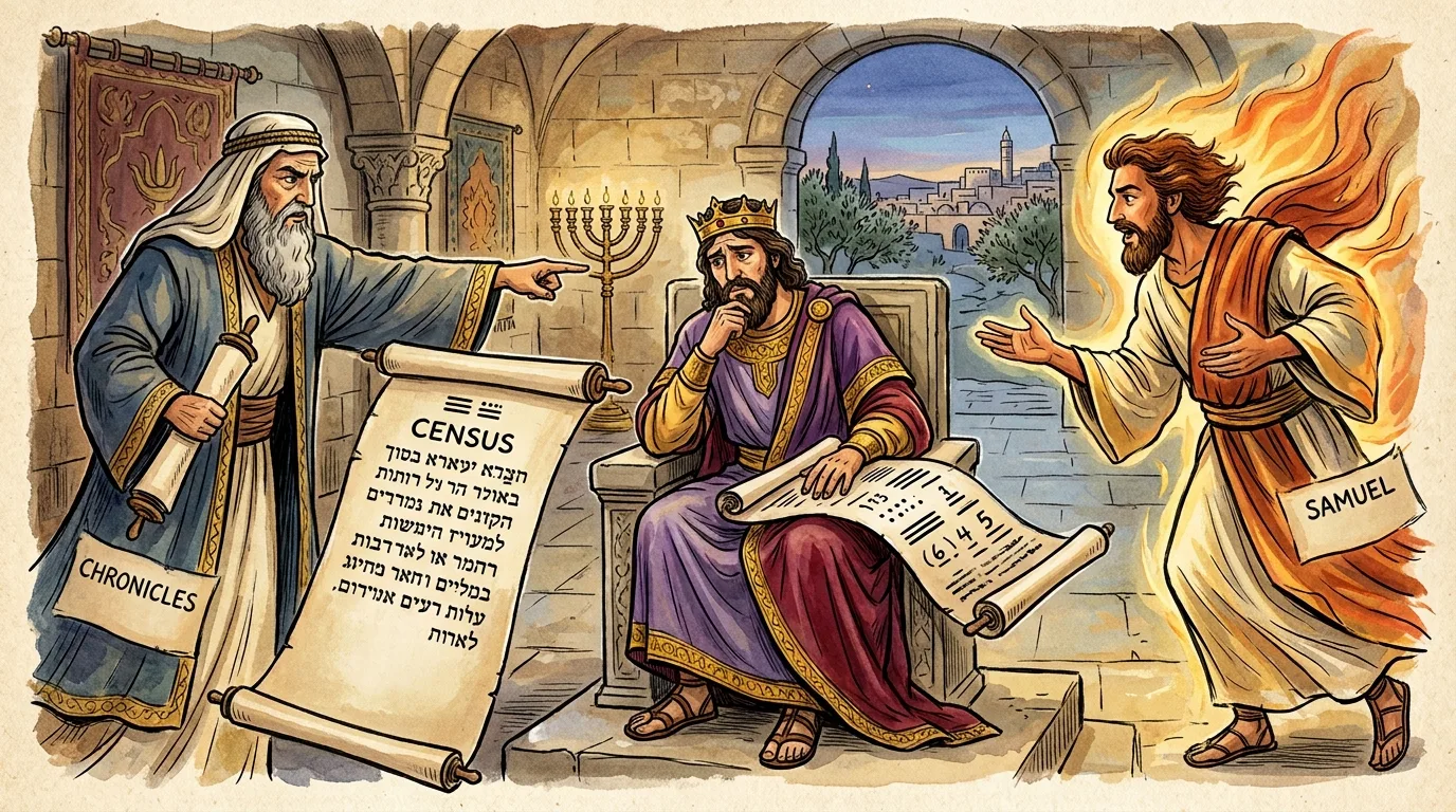 King David sits on his throne holding a census scroll while a scribe labeled Chronicles points at him from one side and a flaming figure labeled Samuel gestures at him from the other